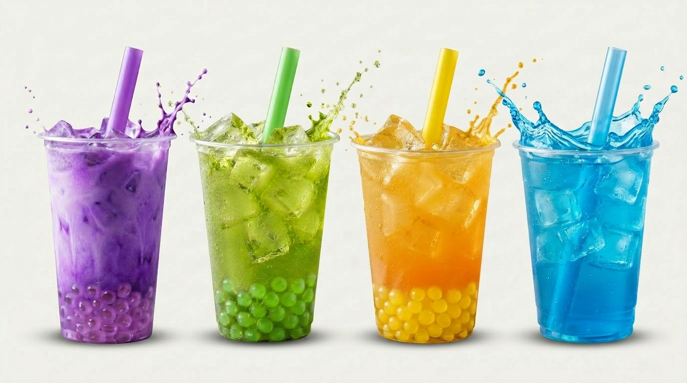 Four colourful boba drinks: purple, green, yellow and beige